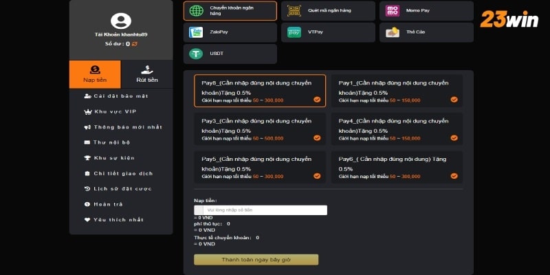 Nạp Tiền Vào Tài Khoản 23win